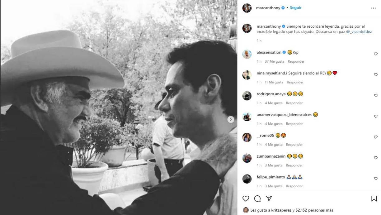 Marc Anthony aseguró que siempre lo recordará: “Siempre te recordaré leyenda, gracias por el increíble legado que has dejado, descansa en paz”. 