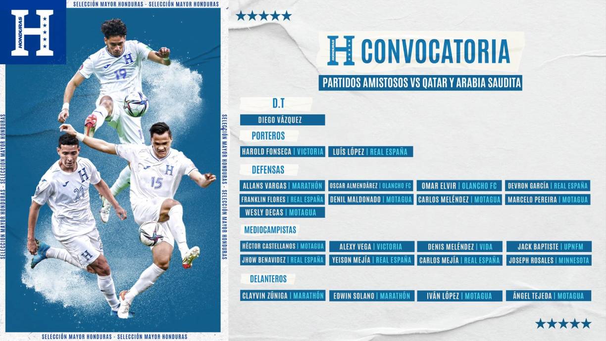 Para este doblete de partidos la Bicolor que dirige el argentino Diego Martín Vázquez tuvo indisponibles a los futbolistas que militan en el Olimpia, pues la Selección Nacional tomará viaje el lunes 24 y regresará siete días después. Pues durante ese lapso de tiempo, miércoles 26 de octubre , el Olimpia disputará la final de ida de la Liga Concacaf contra el Alajuelense en Tegucigalpa, por lo que sus jugadores permanecerán para jugar con el club este encuentro de vital importancia.