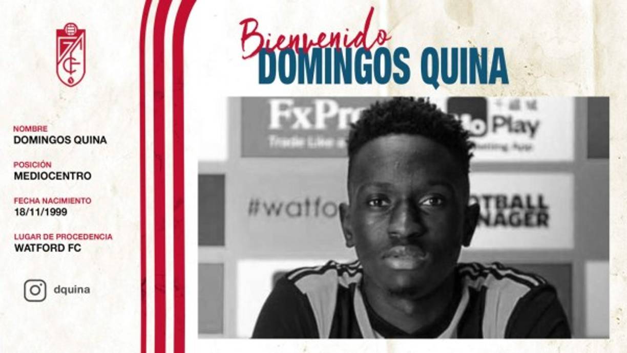 El centrocampista portugués Domingos Quina jugará en el Granada CF hasta final de temporada, después de que el club andaluz y el Watford FC, propietario del jugador, llegasen a un acuerdo por su cesión, ha confirmado este lunes la entidad nazarí.<br/> <br/>El mediocentro de 21 años, natural de Guinea-Bissau y con nacionalidad portuguesa, ha sido internacional en las categorías inferiores de Portugal desde la selección Sub-17 a la Sub-21, y se ha proclamado campeón de Europa tanto Sub-17 como Sub-19.