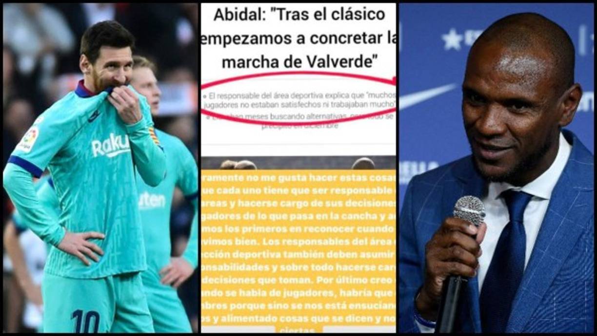 Eric Abidal, director deportivo del Barcelona, justificó la destitución de Valverde aludiendo a los jugadores y esto provocó que Messi lo desmintiera en sus redes sociales: '“Sinceramente no me gusta hacer estas cosas, pero creo que cada uno debe ser responsable de sus tareas y hacerse cargo de sus decisiones. Los jugadores de lo que pasa en la cancha y además somos los primeros en reconocer cuando no estuvimos bien. los responsables del área de la dirección deportiva también deben asumir sus responsabilidades y sobre todo hacerse cargo de las decisiones que toman. Por último creo que cuando se habla de jugadores habría que dar nombres porque sino se nos está ensuciando a todos y alimentando cosas que se dicen y no son ciertas”, fue el mensaje del argentino.