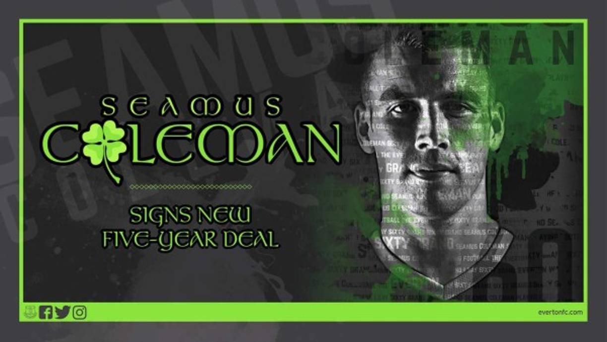 El Everton de la Premier League ha hecho oficial la renovación del lateral derecho irlandés Seamus Coleman. El jugador de 28 años firma un contrato que le vincula a los 'toffees' hasta el año 2022.