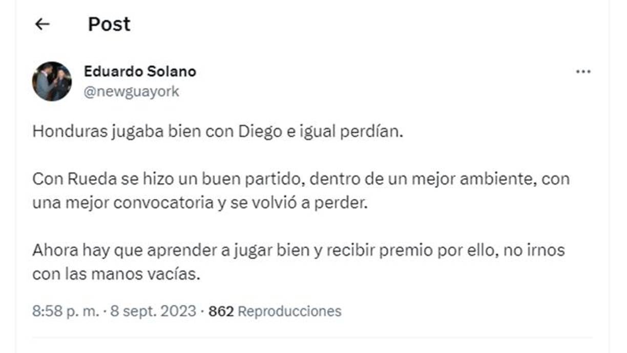 El periodista hondureño Eduardo Solano dejó este mensaje en su cuenta oficial de Twitter tras el 1-0 sufrido por Honduras ante Jamaica.