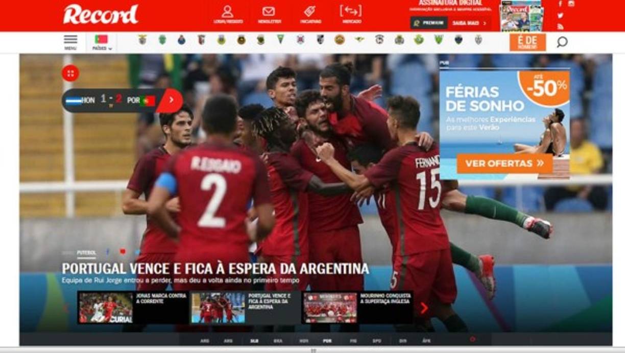 Diario Récord de Portugal: 'Portugal en los cuartos de final del torneo olímpico, después de la victoria sobre Honduras y seguido por el triunfo de Argentina'.