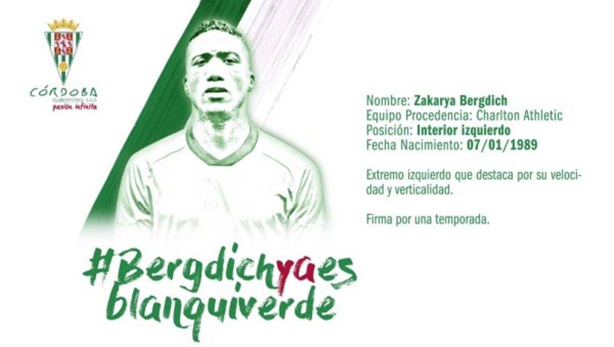 El Córdoba ha anunciado este domingo el fichaje del centrocampista francomarroquí Zakarya Bergdich, que llega libre procedente del Charlton Athletic inglés para firmar por una temporada y volver a jugar en la Segunda División española, después de que ya lo hiciera en 2014 con el Real Valladolid.
