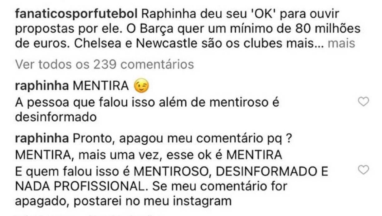 Raphinha desmintió al portal fanaticosporfutebol sobre los rumores de su futuro en el Chelsea y Newcastle: “Mentira, la persona que escribió eso es un mentiroso y está desinformado”.