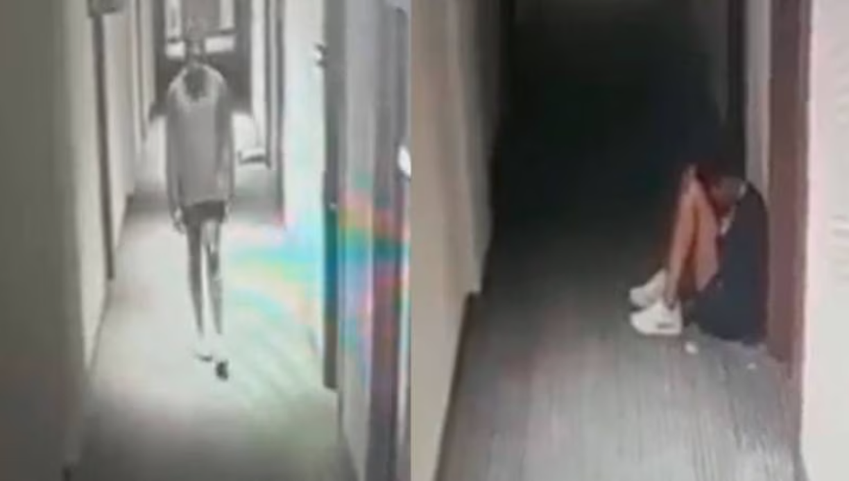 Las cámaras de vigilancia del hotel la muestran llegando a su habitación, en el pasillo, visiblemente afectada emocionalmente, después de una larga llamada telefónica.