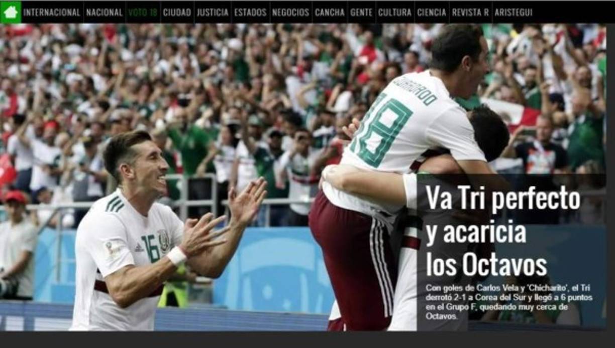 "'Va Tri perfecto y acaricia los octavos', titula Reforma tras el triunfo de México."