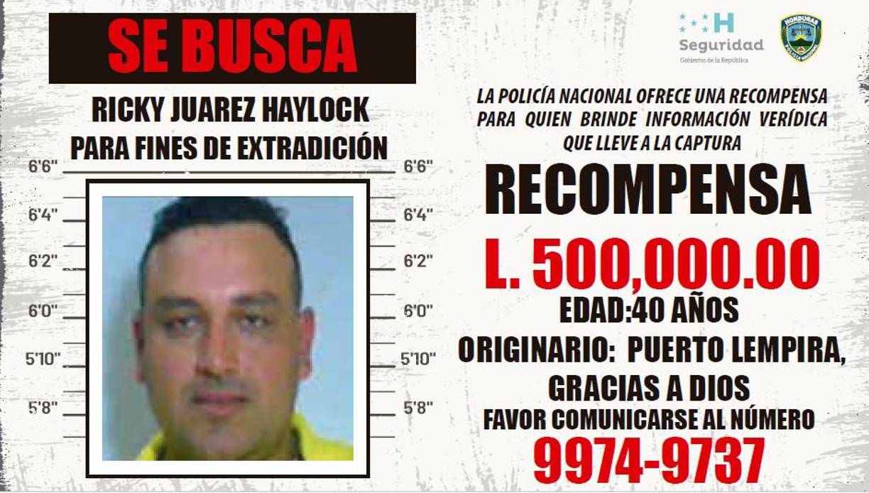 Ricky Juárez Haylock. Tiene 40 años y es originario de Puerto Lempira. Ofrecen 500 mil lempiras de recompensa.