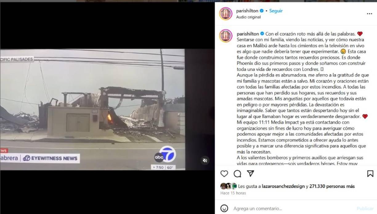 En una publicación compartida el miércoles 8 de enero en su cuenta de Instagram, la empresaria de 43 años reveló que se enteró de la pérdida de su hogar mientras observaba las imágenes en vivo en la televisión. De acuerdo con ella, quedó devastada al darse cuenta que la residencia donde pasó algunos de los mejores momentos de su vida quedó en ruinas por el fuego.