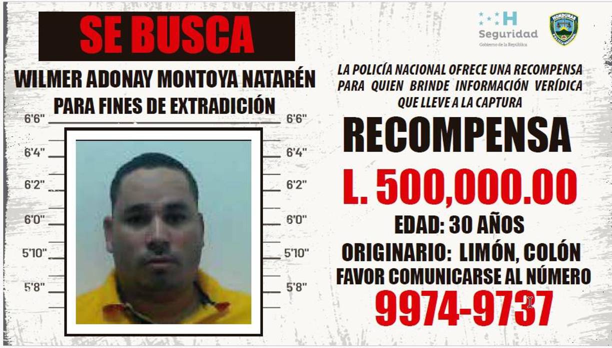 Wilmer Adonay Montoya Natarem. Tiene 30 años y originrio de Limón, Colón. Ofrecen 500 mil lempiras de recompensa.