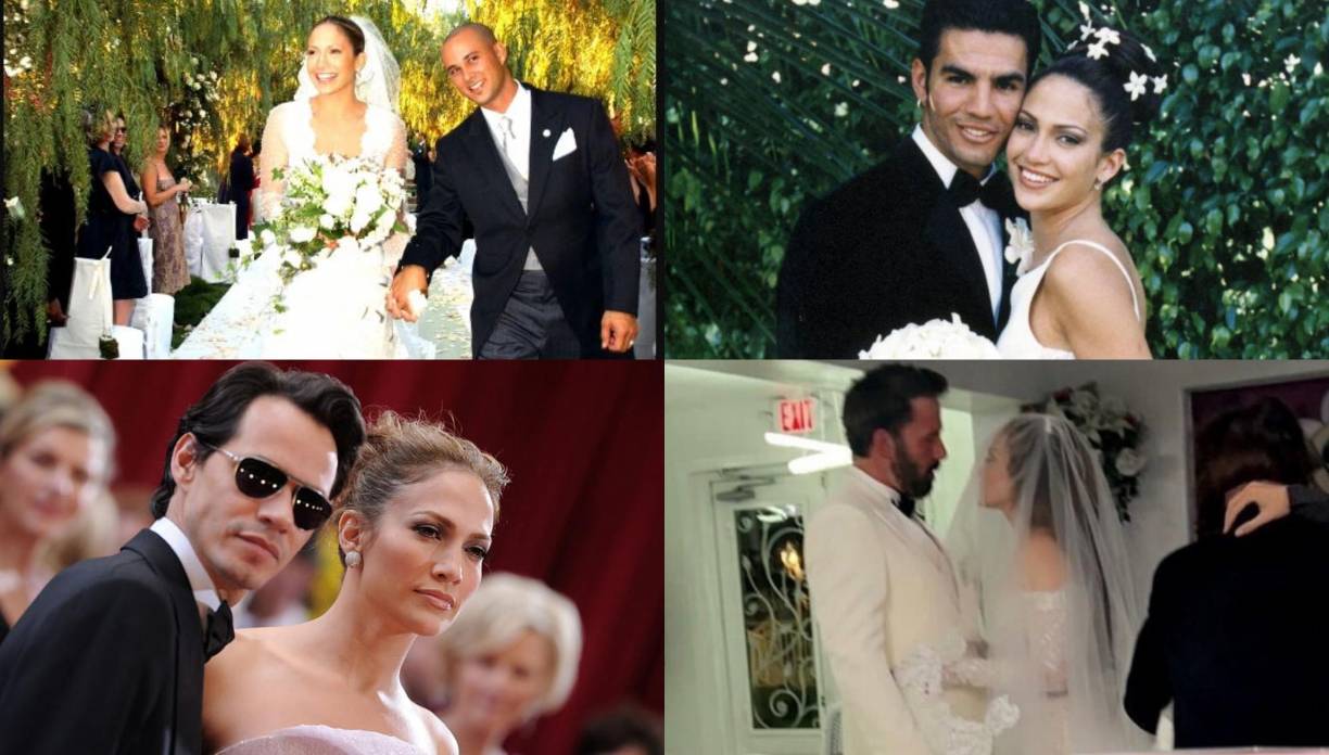 A sus 52 años, la cantante y actriz Jennifer López ha vivido sendos romances. La estrella de “Shades of Blue” se ha casado cuatro veces. Este fin de semana celebró su cuarta boda con el actor Ben Affleck, con quien ya había estado comprometida en matrimonio hace 20 años. Aquí le mostramos un recuento de todas las bodas de la Diva del Bronx. 