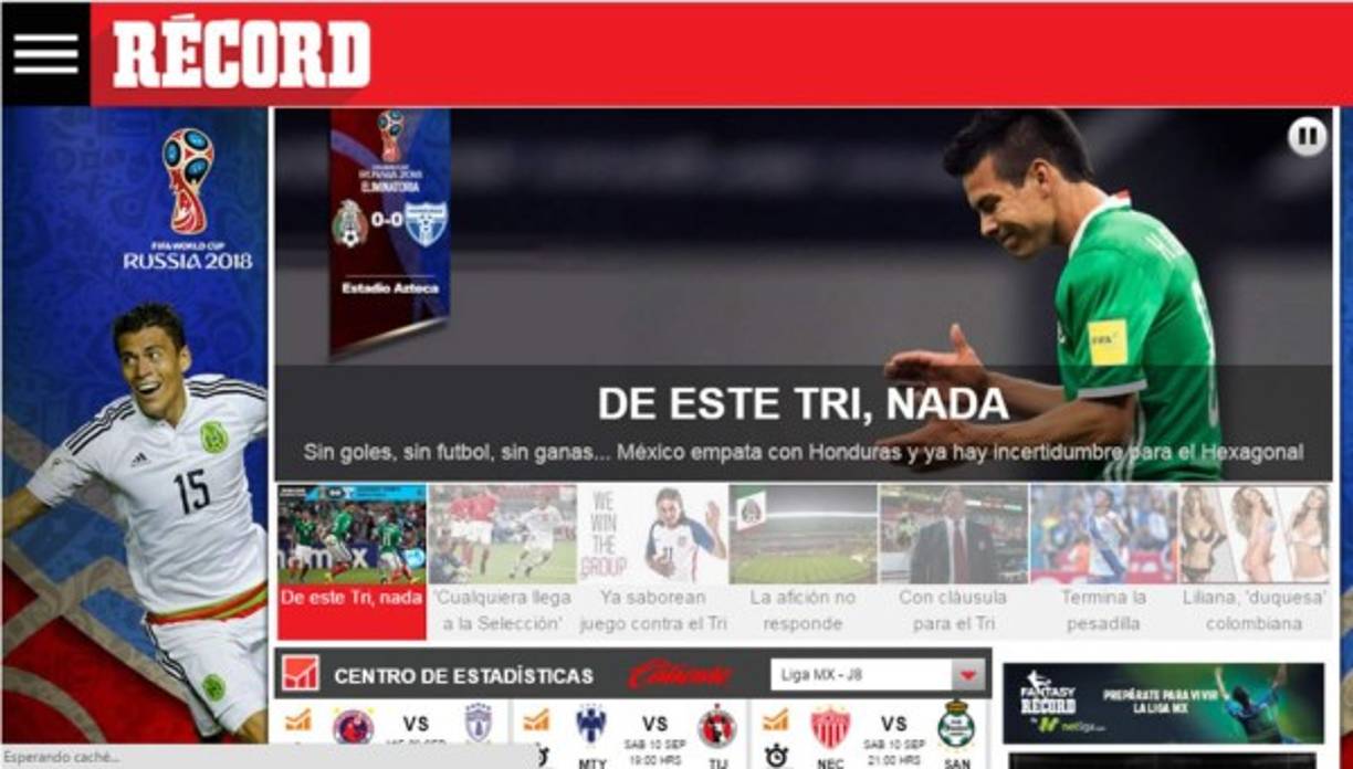 Diario Récord: 'De este Tri, nada. Sin goles, sin fútbol, sin ganas... México empata con Honduras y ya hay incertidumbre para el Hexagonal'.