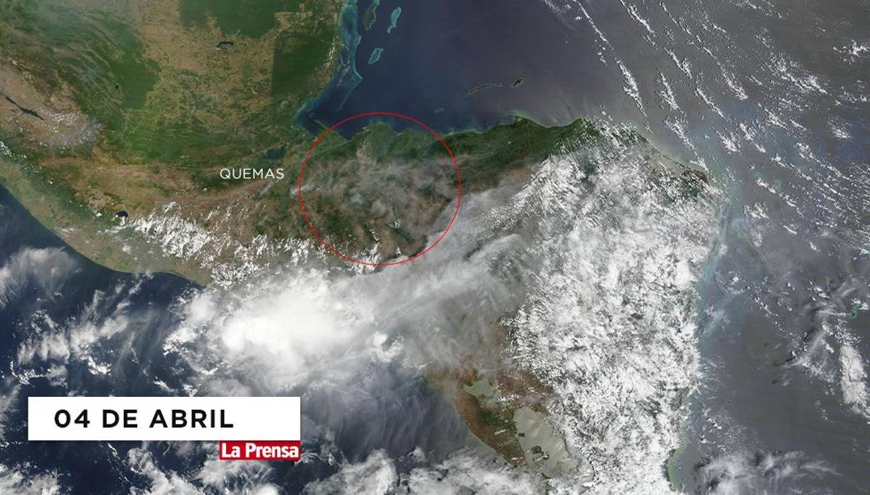 Para el 04 de abril se mantuvieron las quemas producidas en el centro y norte de Honduras.