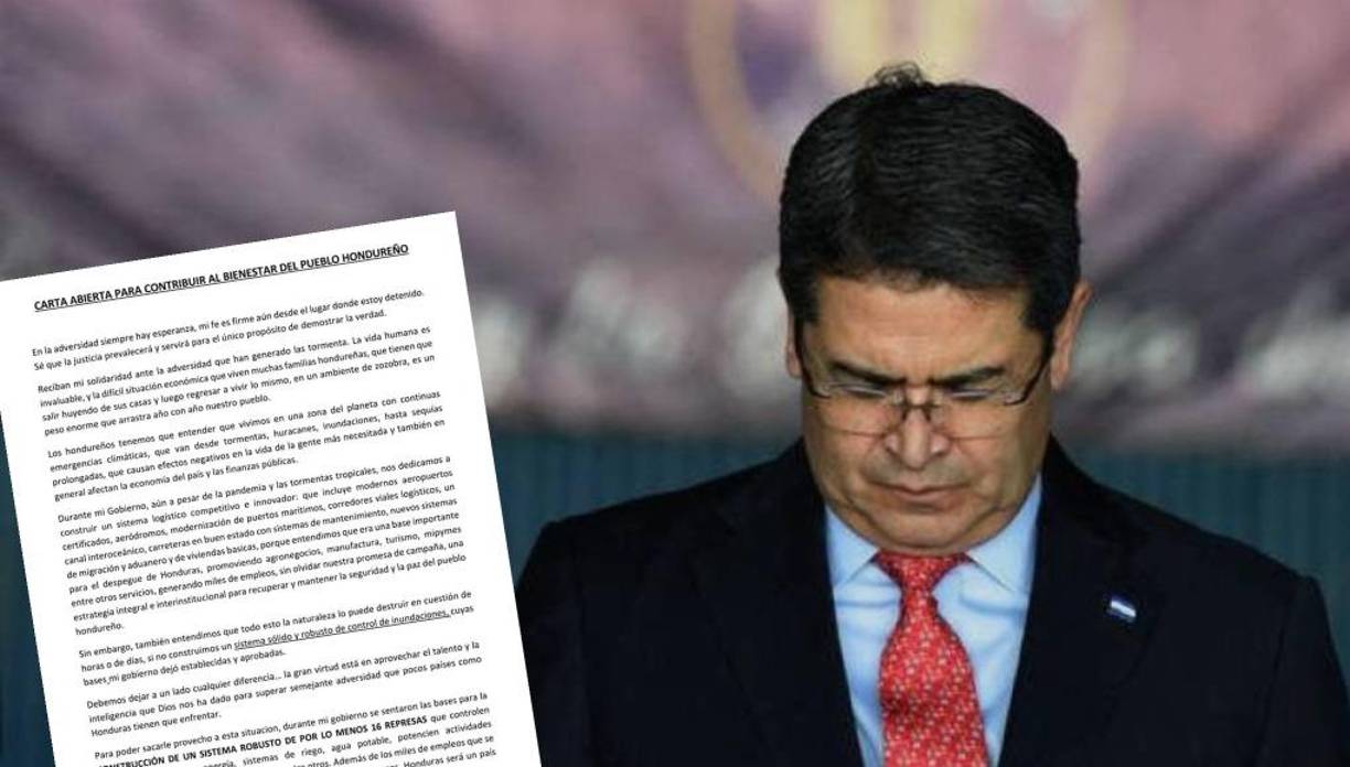 A días de ir a audiencia, el expresidente Juan Orlando Hernández sorprendió a hondureños con carta pública en la que se solidariza con los afectados por las últimas lluvias que han azotado a Honduras. 