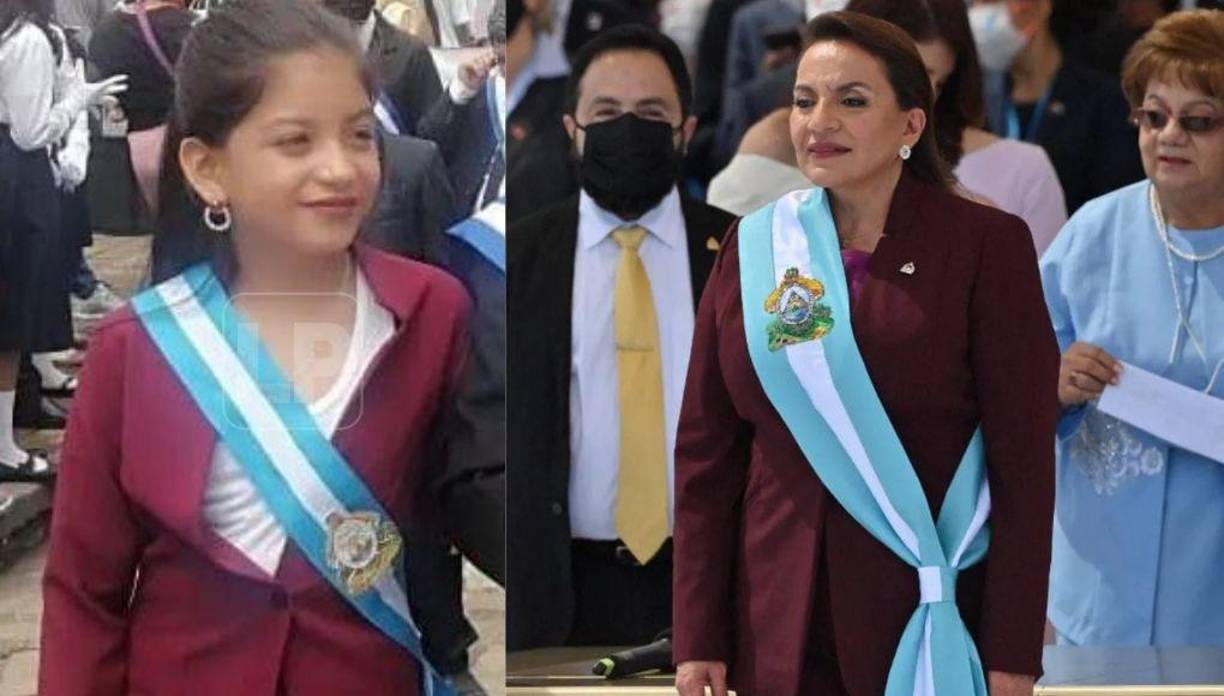Primero veamos a la pequeña Xiomarita: Hasta sus aretes son muy parecidos a los que lució la mandataria el 27 de enero en el Estadio Nacional, el peinado es igual y su traje tiene el mismo tono. Pero lo que más destaca es la banda presidencial azul turquesa, la cual se le impuso a Castro cuando fue juramentada.