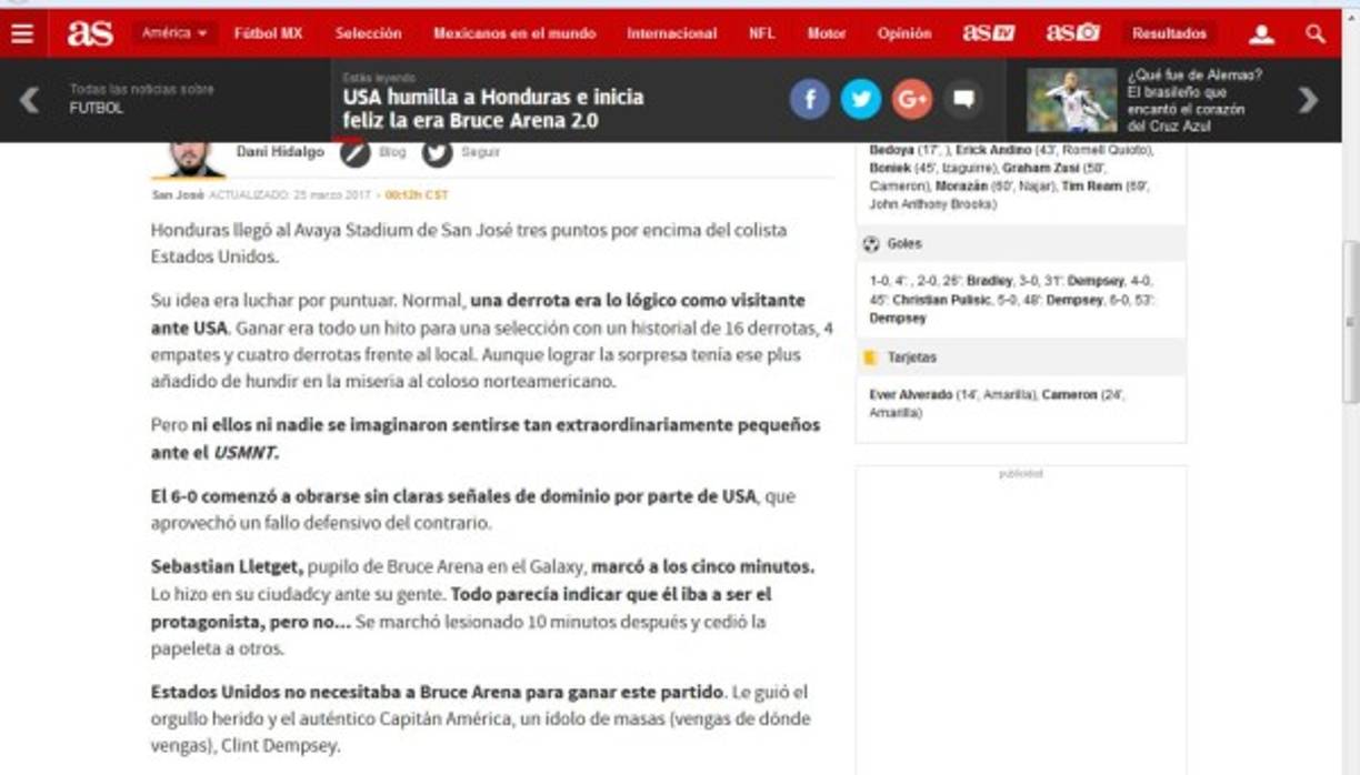 'Pero ni ellos ni nadie se imaginaron sentirse tan extraordinariamente pequeños', se lee en uno de los textos sobre la crónica haciendo referencia de la Selección de Honduras.