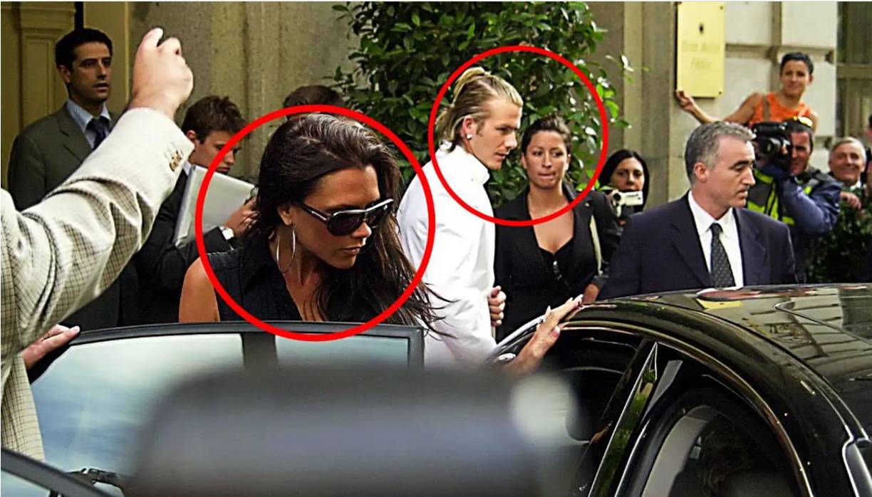 Victoria y David Beckham junto a Rebecca Loos en las calles de Madrid, en 2003.