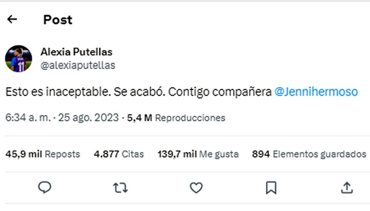 Alexia Putellas, compañera de Jenni Hermoso en la selección española, ha mostrado su apoyo a la futbolista tras la comparecencia de Luis Rubiales en la asamblea de la RFEF. 