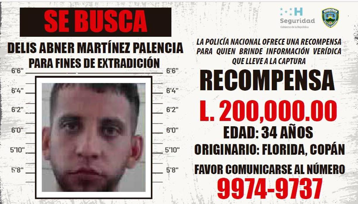 Delys Abner Martínez Palencia. Tiene 34 años y es de Florida, Copán. 200 mil lempiras de recompensa.