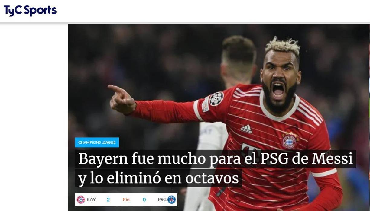 TyC Sports de Argentina: “Bayern fue mucho para el PSG de Messi y lo eliminó en octavos”.