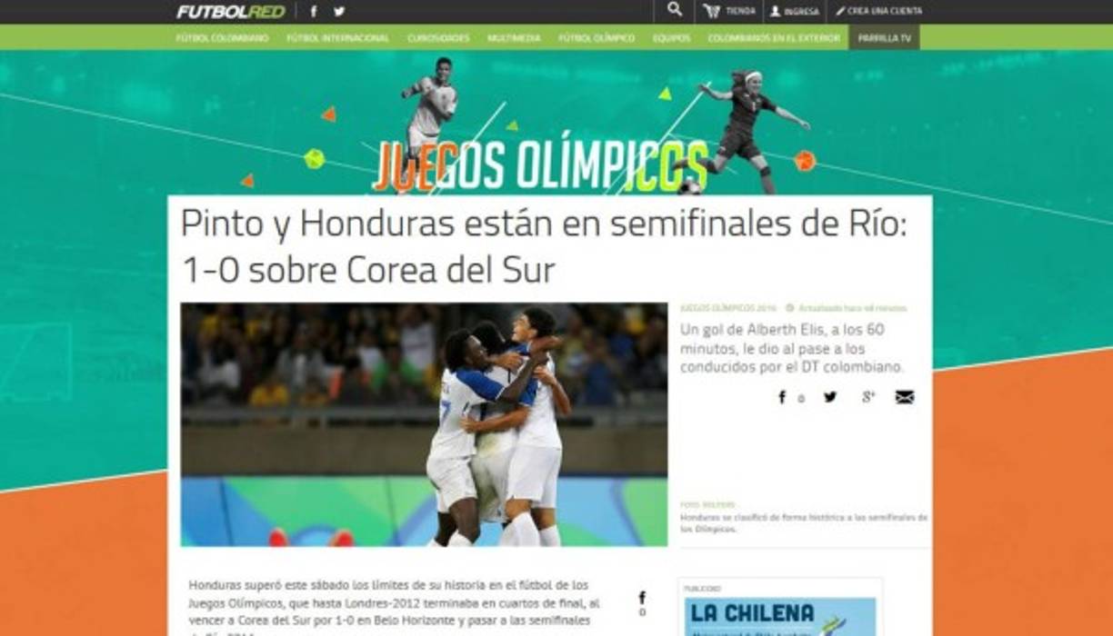 Página Fútbol Red: 'Pinto y Honduras están en semifinales de Río: 1-0 sobre Corea del Sur'.