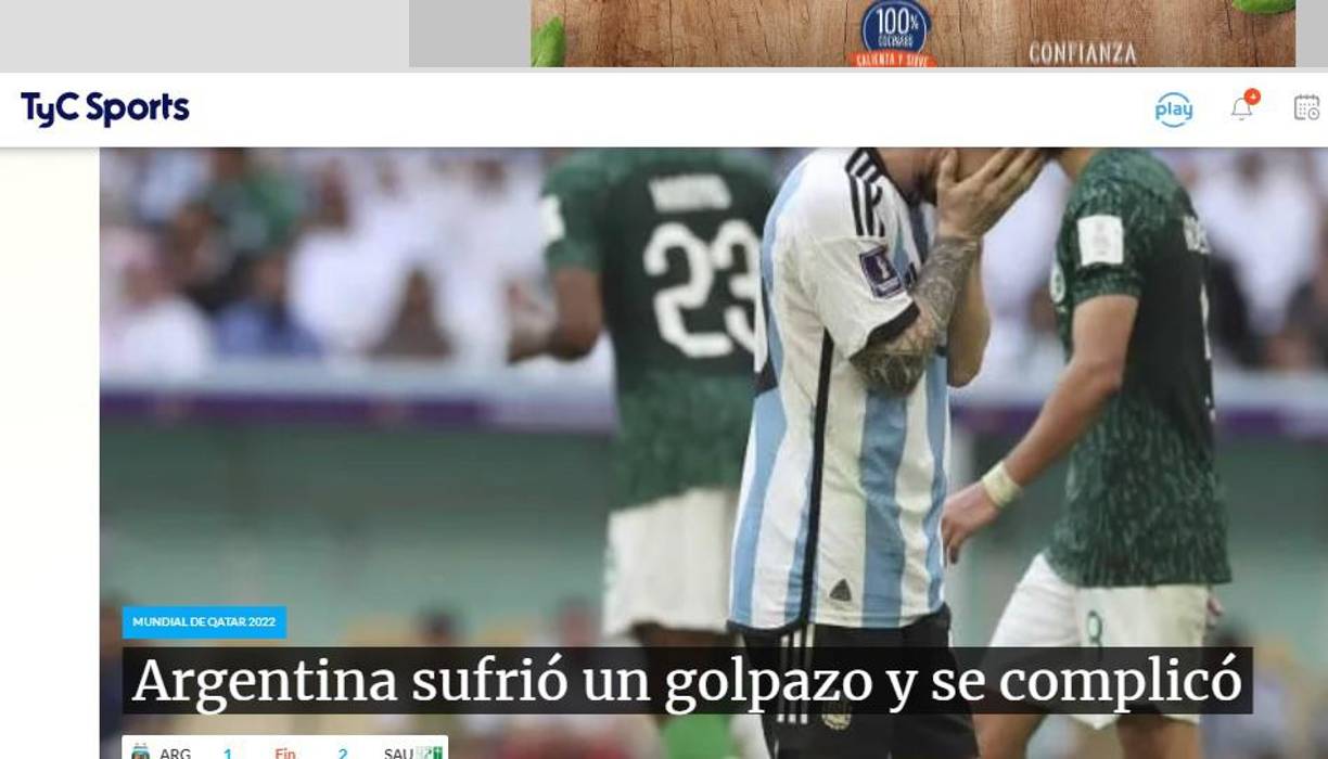 TYC Sports habló de “Golpazo” y que ahora <b>van a “buscar los seis puntos ante México y Polonia”.</b>