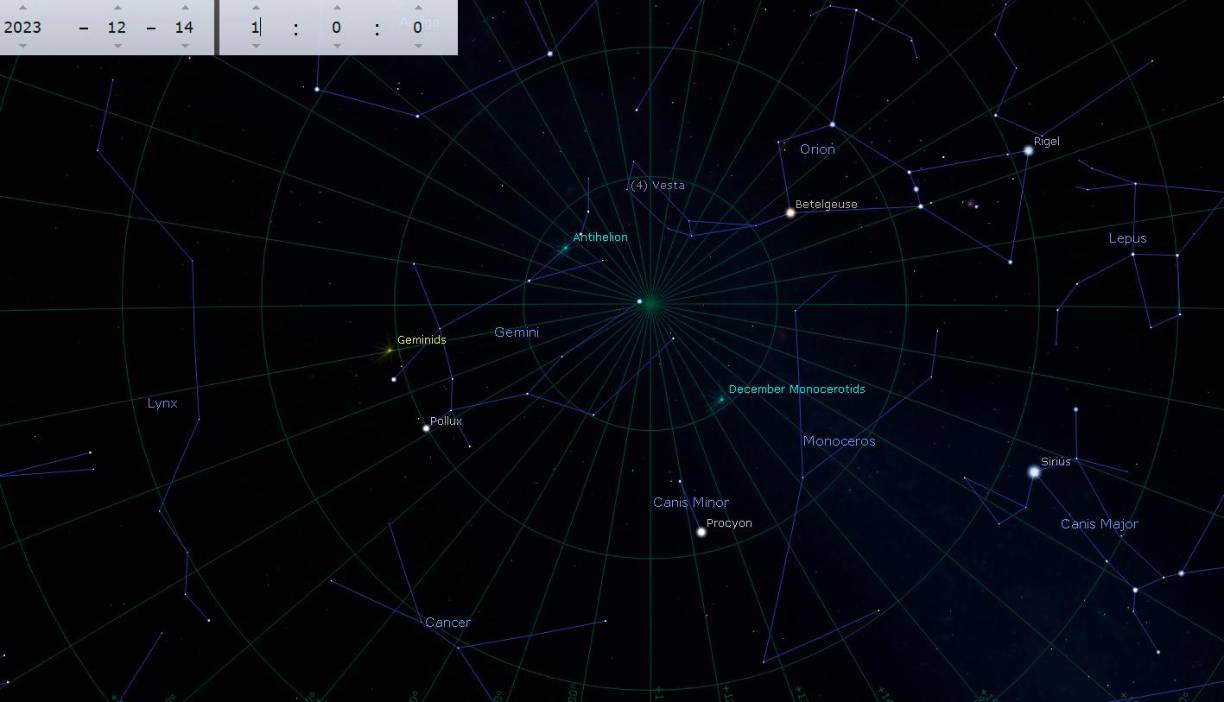 Según Carías, el cielo hondureño a las 8:00 de la noche tendrá una constelación de Géminis dirigida en el Noreste.“La marca amarilla indica el radiante de las Gemínidas de donde procederán aproximadamente los meteoros”.