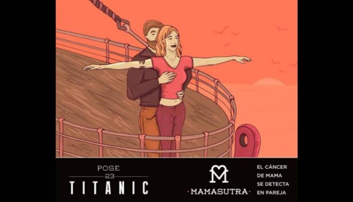 Titanic. Un posición perfecta, ella abre los brazos y en ese momento su pareja le ayuda a explorar. El autoexamen puede salvar vidas. Dale la oportunidad a él de apoyarte. Las creadores de estas ilustraciones buscan apoyar y orientar a las mujeres.
