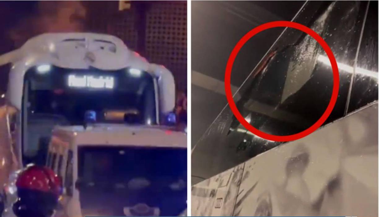 Los botellazos de los aficionados vascos rompieron ventanas del autobús del Real Madrid, sin resultar ningún jugador herido.