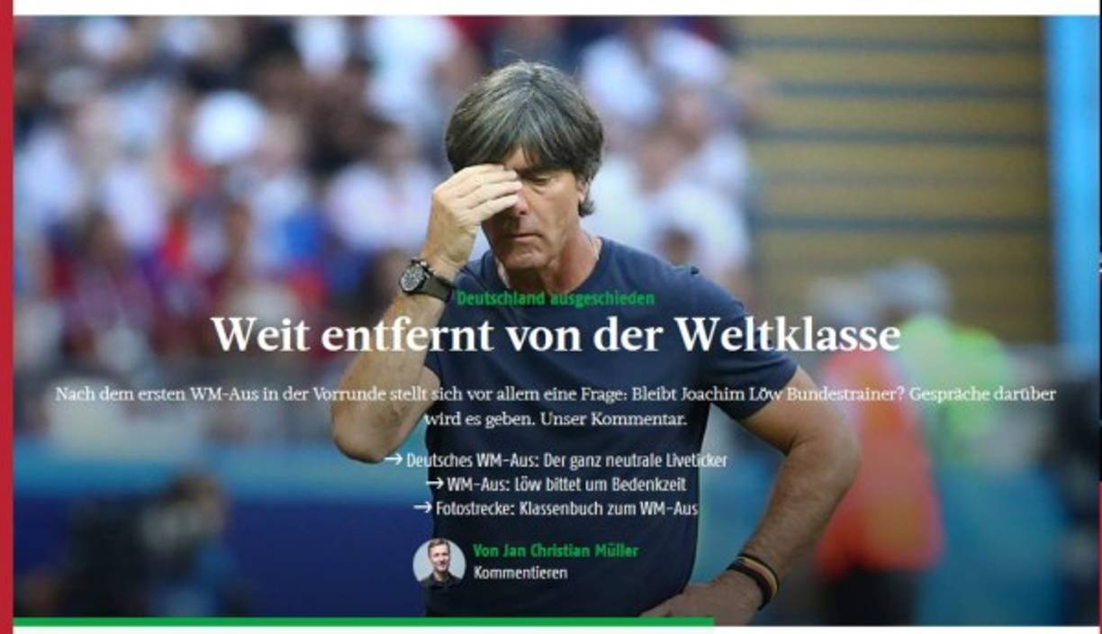 '¡Esta es la mayor desgracia de la historia de Alemania en los mundiales! Por primera vez fracasa nuestro equipo en una fase previa. El 0-2 contra Corea del Sur es un final bochornoso a una fase de grupos catastrófica. Una pesadilla', señala el arranque de su crónica.