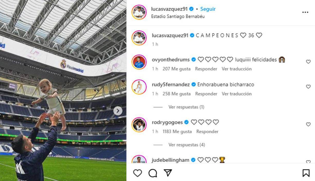 El lateral Lucas Vásquez celebró con su hija la obtención del título de Liga.