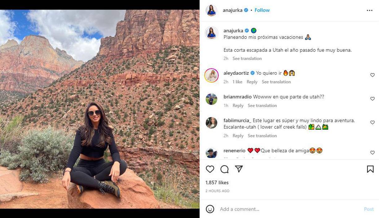Mientras tanto, Ana Jurka está aprovechando su tiempo libre para planear nuevos proyectos. “Planeando mis próximas vacaciones. Esta corta escapadada a Utah el año pasado fue muy buena”, escribió Ana hace unos momentos junto a esta imagen. 