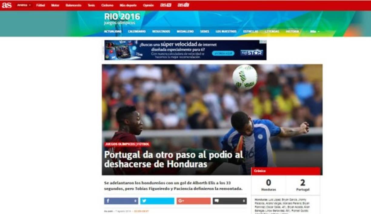 Diario AS de España: 'Portugal da otro paso al podio al deshacerse de Honduras. Se adelantaron los hondureños con un gol de Alberth Elis a los 33 segundos, pero Tobias Figueiredo y Paciencia definieron la remontada'.