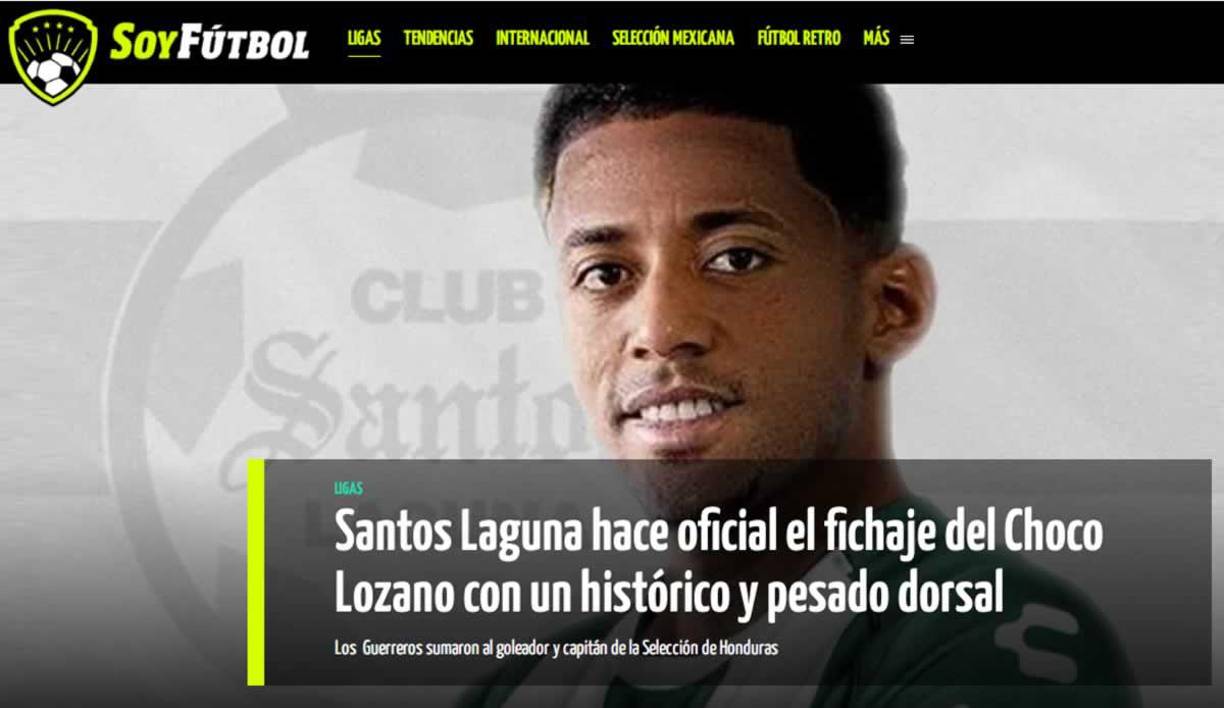 Soy Fútbol - “Santos Laguna hace oficial el fichaje del Choco Lozano con un histórico y pesado dorsal”.