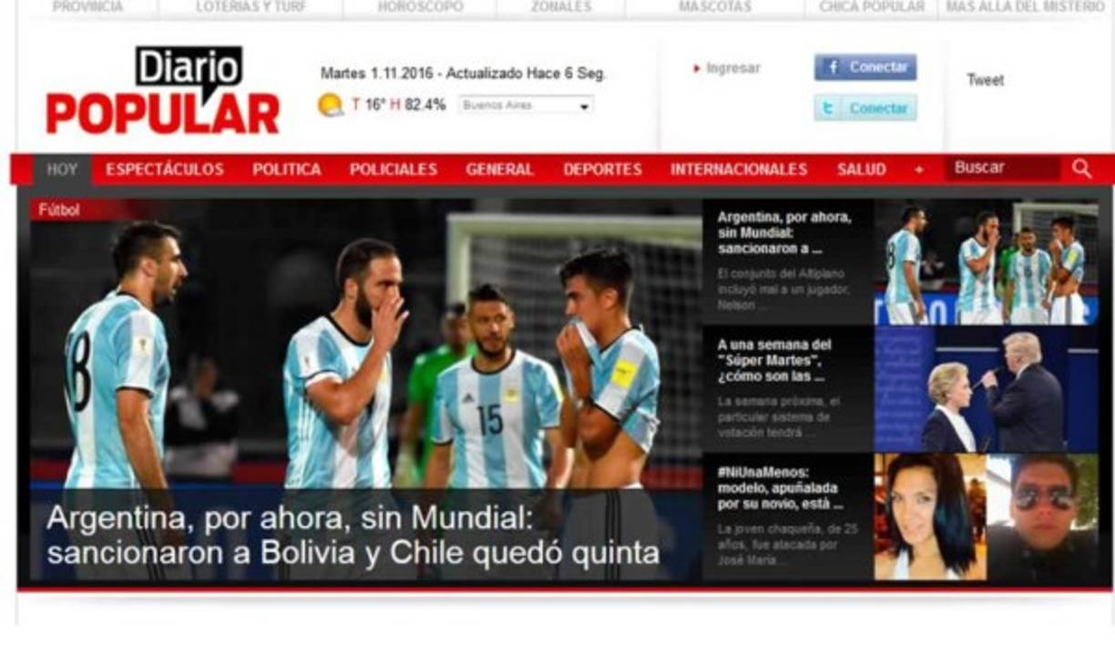 Diario Popular: 'Argentina, por ahora, sin Mundial: sancionaron a Bolivia y Chile quedó quinta'.