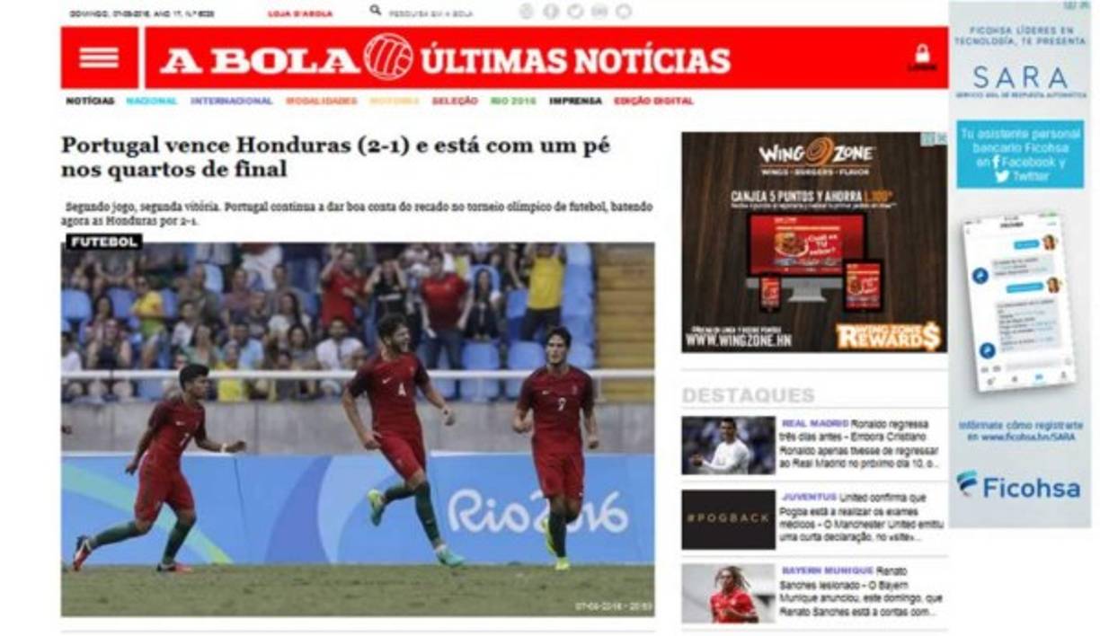 A Bola de Portugal destaca que 'Portugal vence Honduras (2-1) y está con un pie en los cuartos de final' de los Juegos Olímpicos 2016.<br/>
