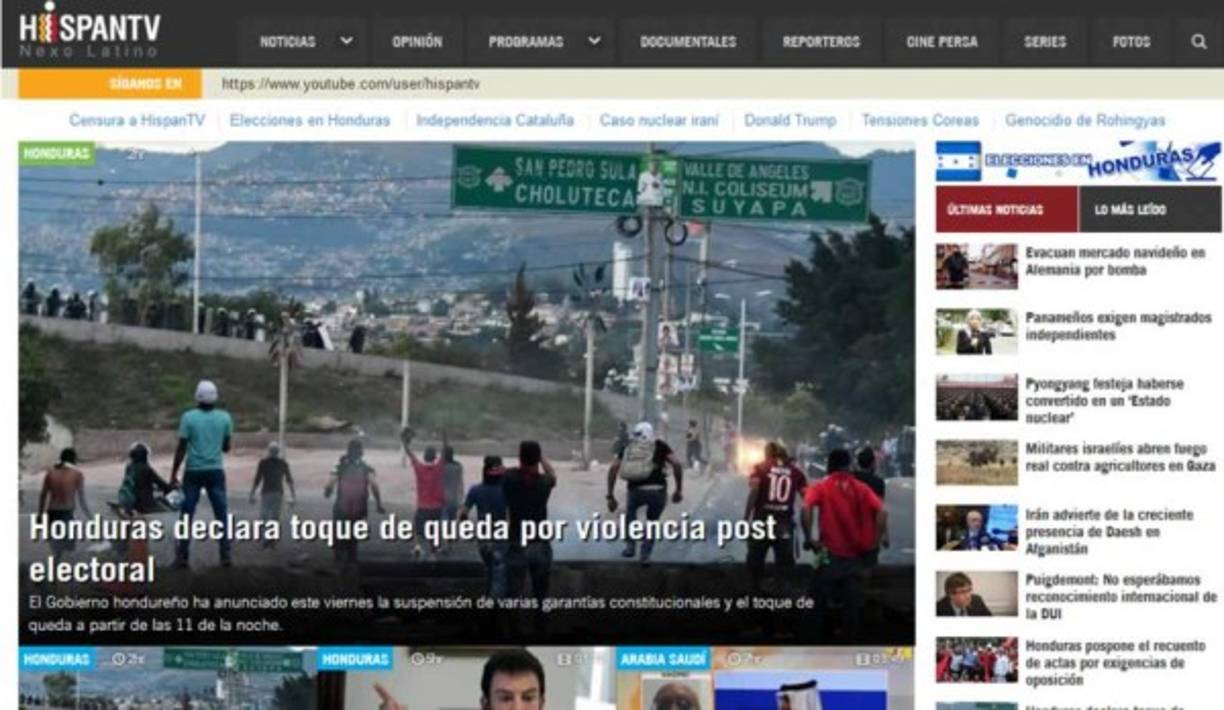 HispanTV: 'Honduras declara toque de queda por violencia post electoral'. 'El Gobierno hondureño ha anunciado este viernes la suspensión de varias garantías constitucionales y el toque de queda a partir de las 11 de la noche'.