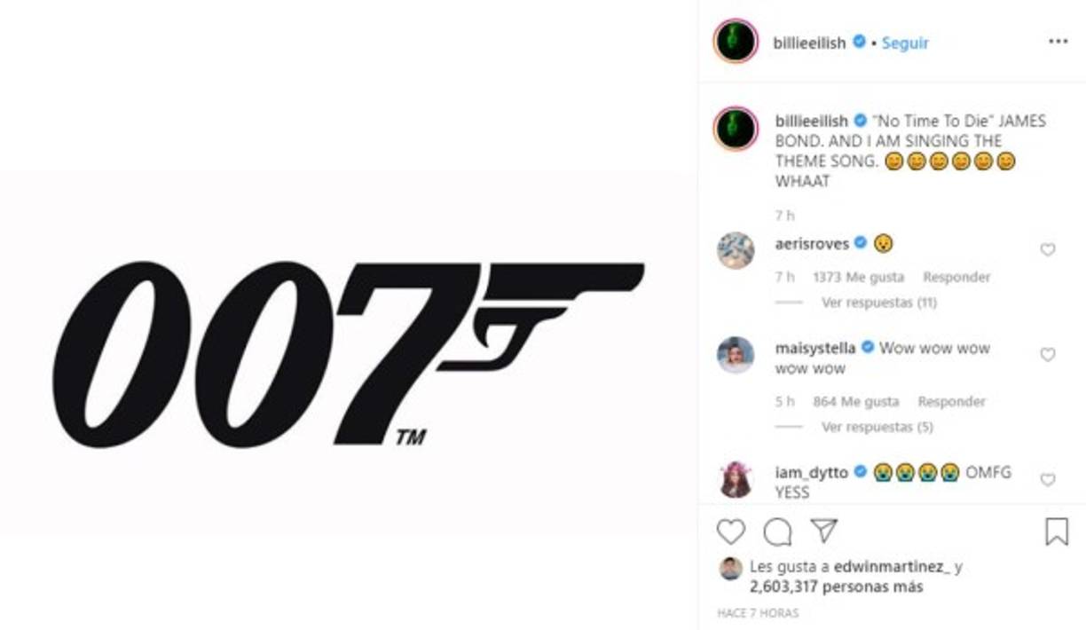 Este día se anunció que Eilish tendrá la gran misión de interpretar el tema oficial de la nueva entrega de las aventuras de James Bond, 'Sin tiempo para morir'.