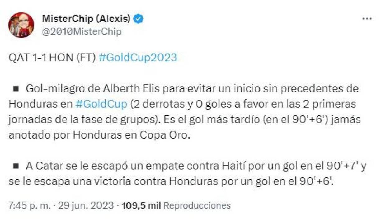 El dato de MisterChip tras el empate de Honduras ante Qatar en la Copa Oro.