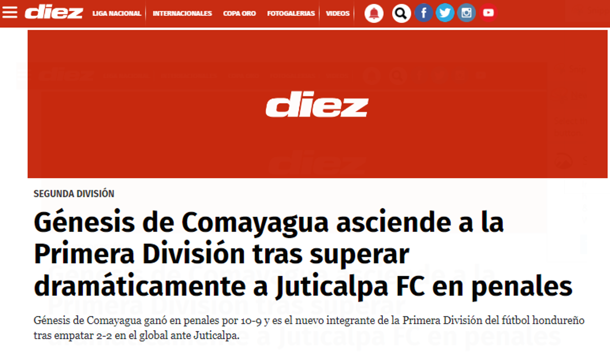 Diario Diez: “Génesis de Comayagua asciende a la Primera División tras superar dramáticamente a Juticalpa FC en penales”: