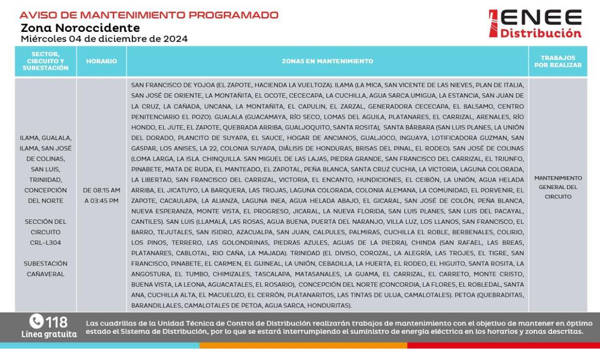 Municipios del departamento de Santa Bárbara estarán sin luz este miércoles en un horario de 8:15 am a 3:45 pm. 