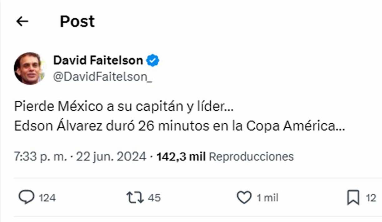 David Faitelson también dio malas noticias. “Pierde México a su capitán y líder. Edson Álvarez duró 26 minutos en la Copa América”.