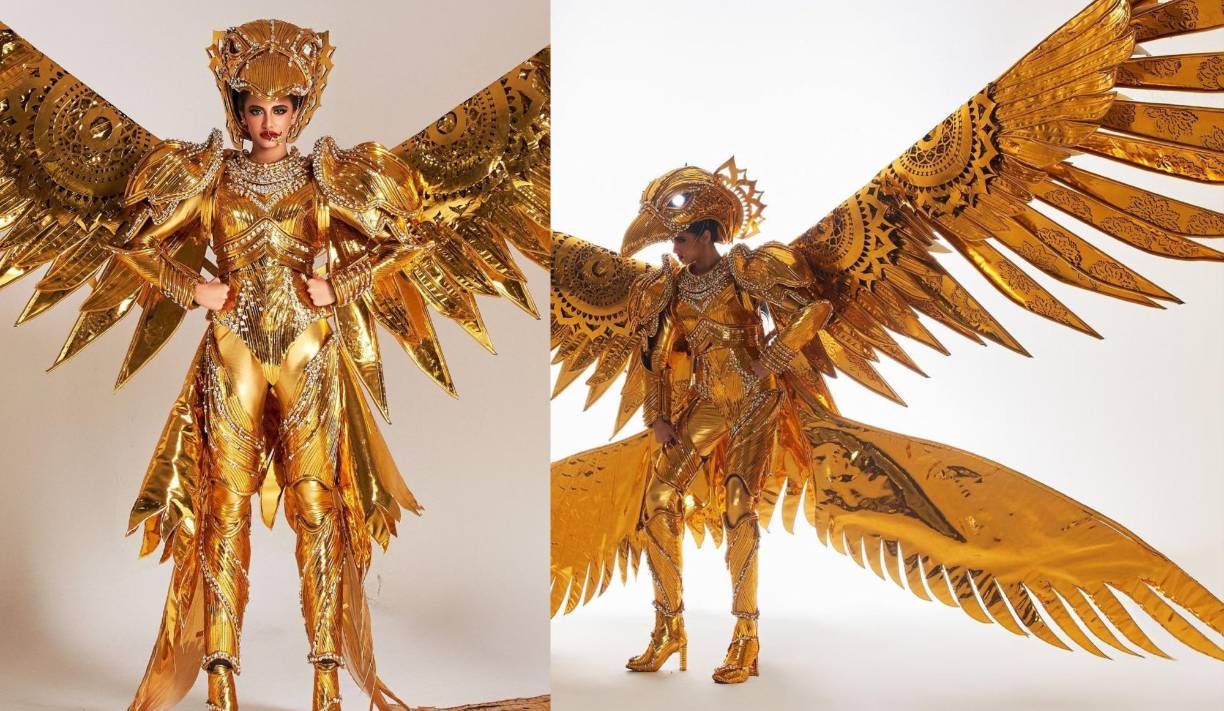 3. Miss India, Rhea Singha: Este enorme y elaborado traje llamado “El pájaro dorado” está inspirado en el mismo título que se le da a la India. Es una bocanada de aire fresco, ya que se aleja audazmente de los saris y lehangas habituales que usaban las concursantes anteriores de India.