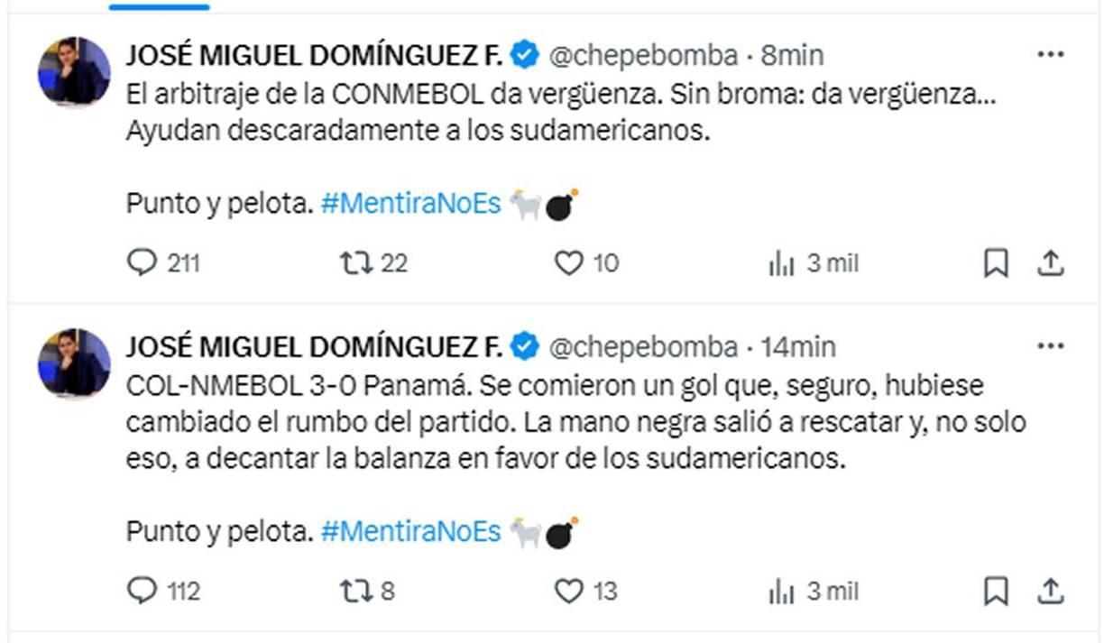‘Chepe Bomba’ reaccionó frustrado y tiró: “El arbitraje de la CONMEBOL da vergüenza. Sin broma: da vergüenza... Ayudan descaradamente a los sudamericanos”. “Se comieron un gol que, seguro, hubiese cambiado el rumbo del partido. La mano negra salió a rescatar y, no solo eso, a decantar la balanza en favor de los sudamericanos”.