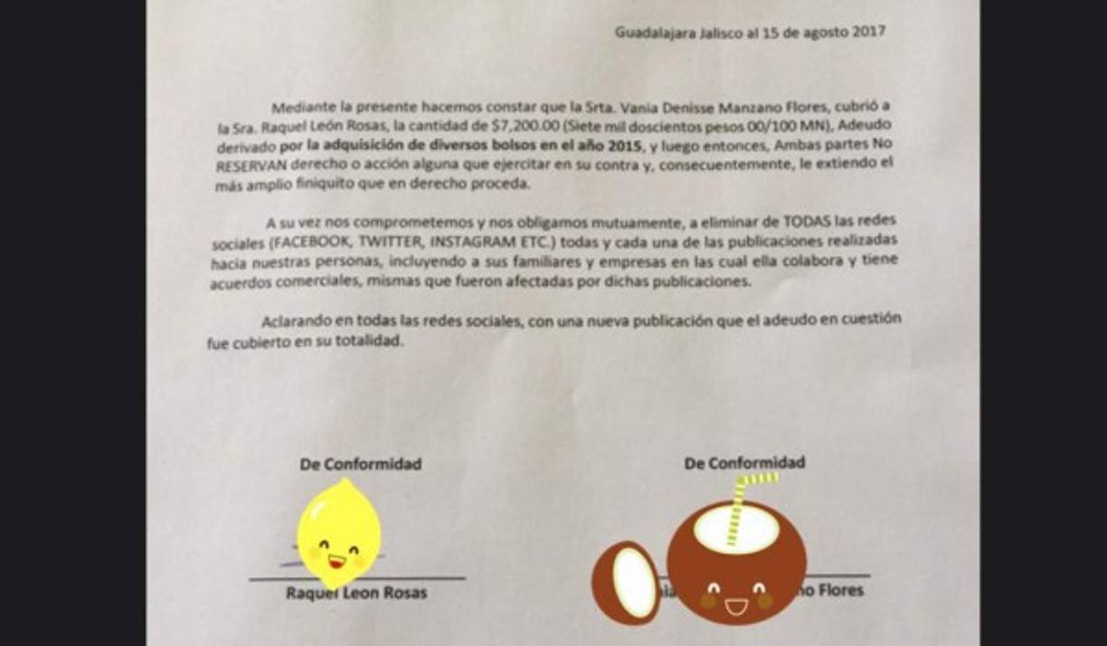 'Fin del tema', escribió en su Facebook, mostrando el acuerdo firmado.<br/> <br/>Sin embargo las críticas no han dejado de llegar para Manzano, quien ya ha quedado tachada de 'mala paga', y sus más de 71 mil seguidores han sido testigos.