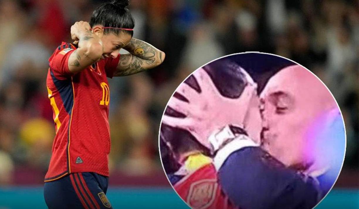 Tras recoger su medalla, Jenni Hermoso fue felicitada por la soberana y después por el presidente de la RFEF que la abrazó y le plantó un sorprende beso en la boca a la campeona.