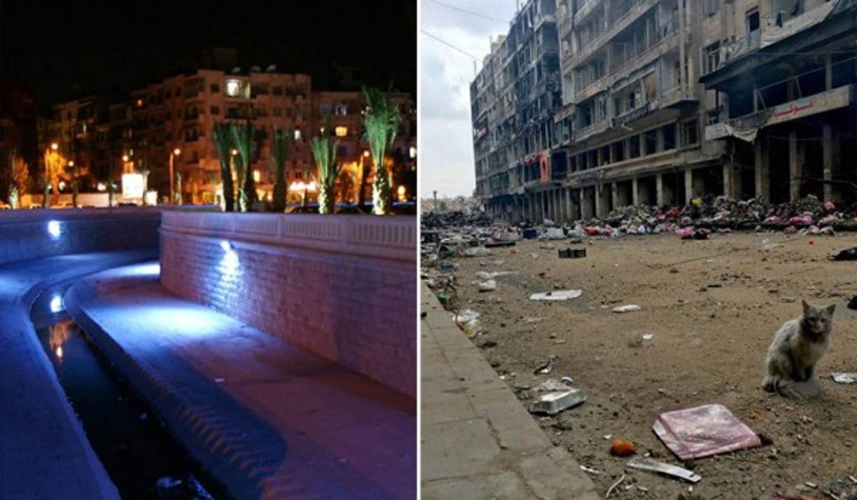 El río Queiq (izq) <br/>Una de las calles del centro de Alepo (der)