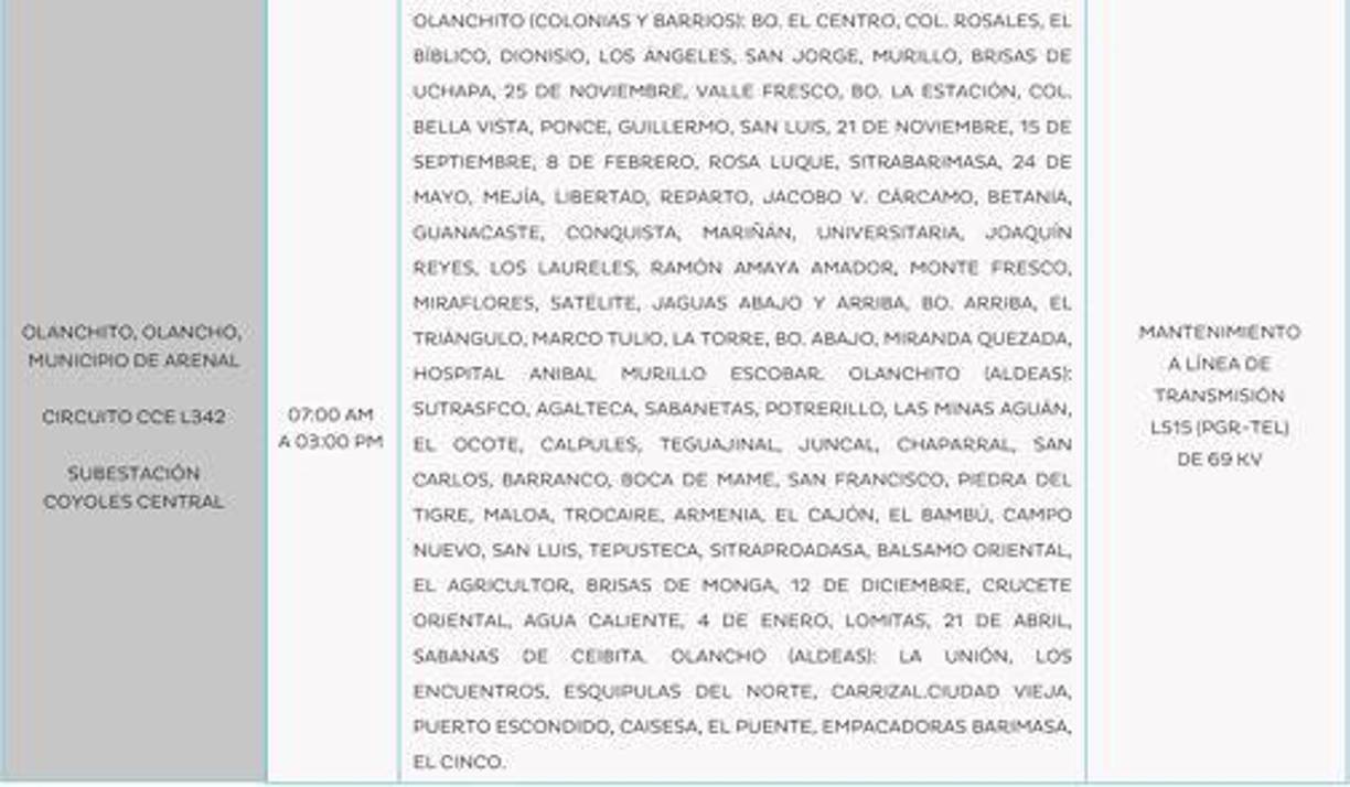 Zonas de Olanchito, Yoro, sin luz este domingo entre 7:00 a. m. y 3:00 p. m. 