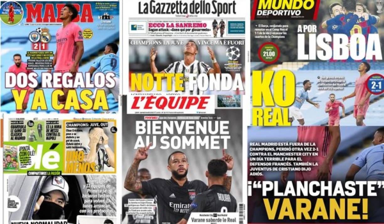 Las portadas de los diarios el día después de la eliminación del Real Madrid en octavos de final de la Champions League contra Manchester City. Varane, el gran señalado por sus errores. También Cristiano Ronaldo y la Juventus quedaron afuera frente al Lyon.