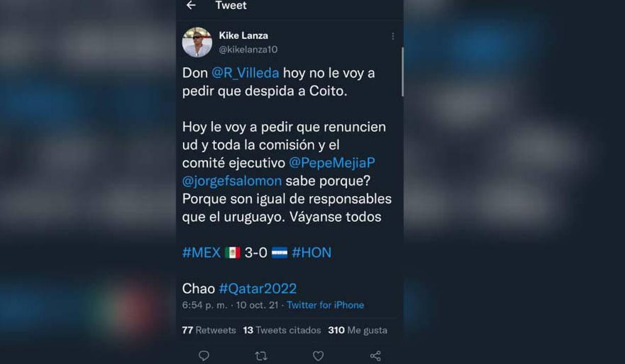 El periodista hondureño Kike Lanza se sumó a las críticas para los dirigentes de la Fenafuth por mantener a estas alturas a Fabián Coito.